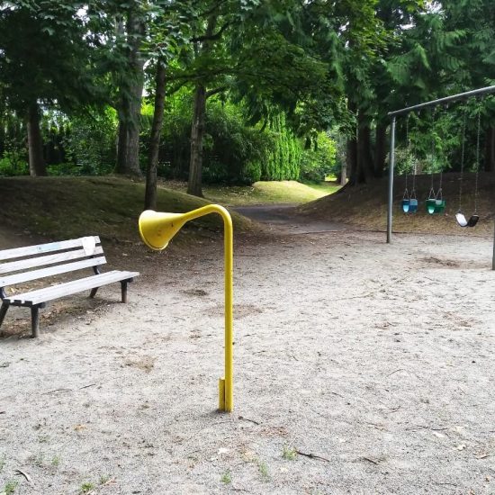 Bench, Talk Horn and Swings at Arbutus Village playground