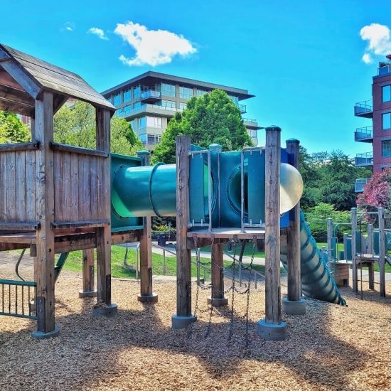 Platform for slide at Arbutus Greenway park playground1