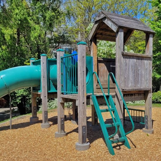 Platform for slide at Arbutus Greenway park playground2