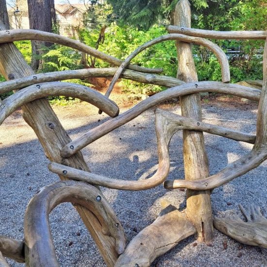 Close up of driftwood nest at East campus park playground