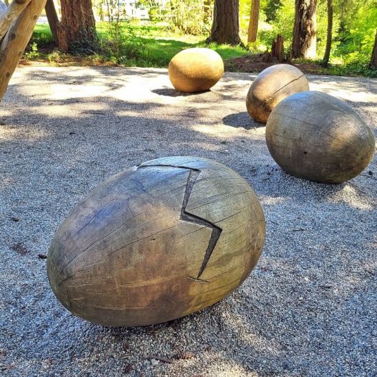 Wooden eggs at East Campus park playground