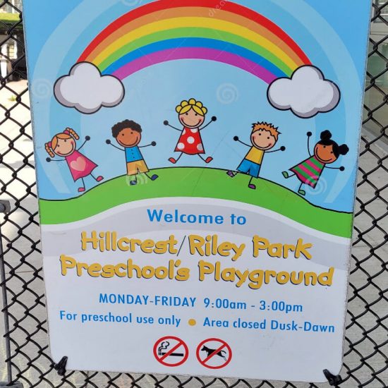 Sign at Hillcrest Riley park preschool playground