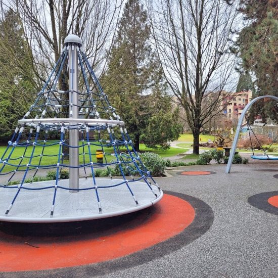 Cone spinner and saucer swing at Sandbox at Sutcliffe park playground