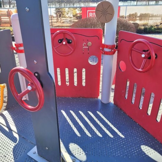 Steering wheels and talk horn at Tugboat Landing Playground